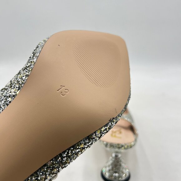 FSJ SIlver Glitter Rhinestone Cone Low Heel Mules Pointed Toe One Strap Sandals - Picture 6 of 8